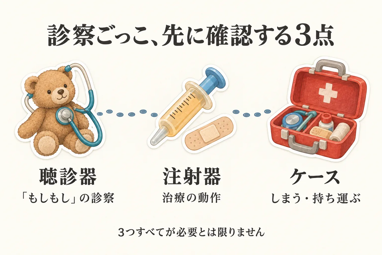 診察ごっこを始める前に確認する3点を示した図。ぬいぐるみに聴診器を当てる「もしもし」の診察、注射器と絆創膏による治療の動作、聴診器や薬びんをしまって持ち運べるケースを並べ、3つすべてが必要とは限らないと案内している。出典：本文で整理した商品説明