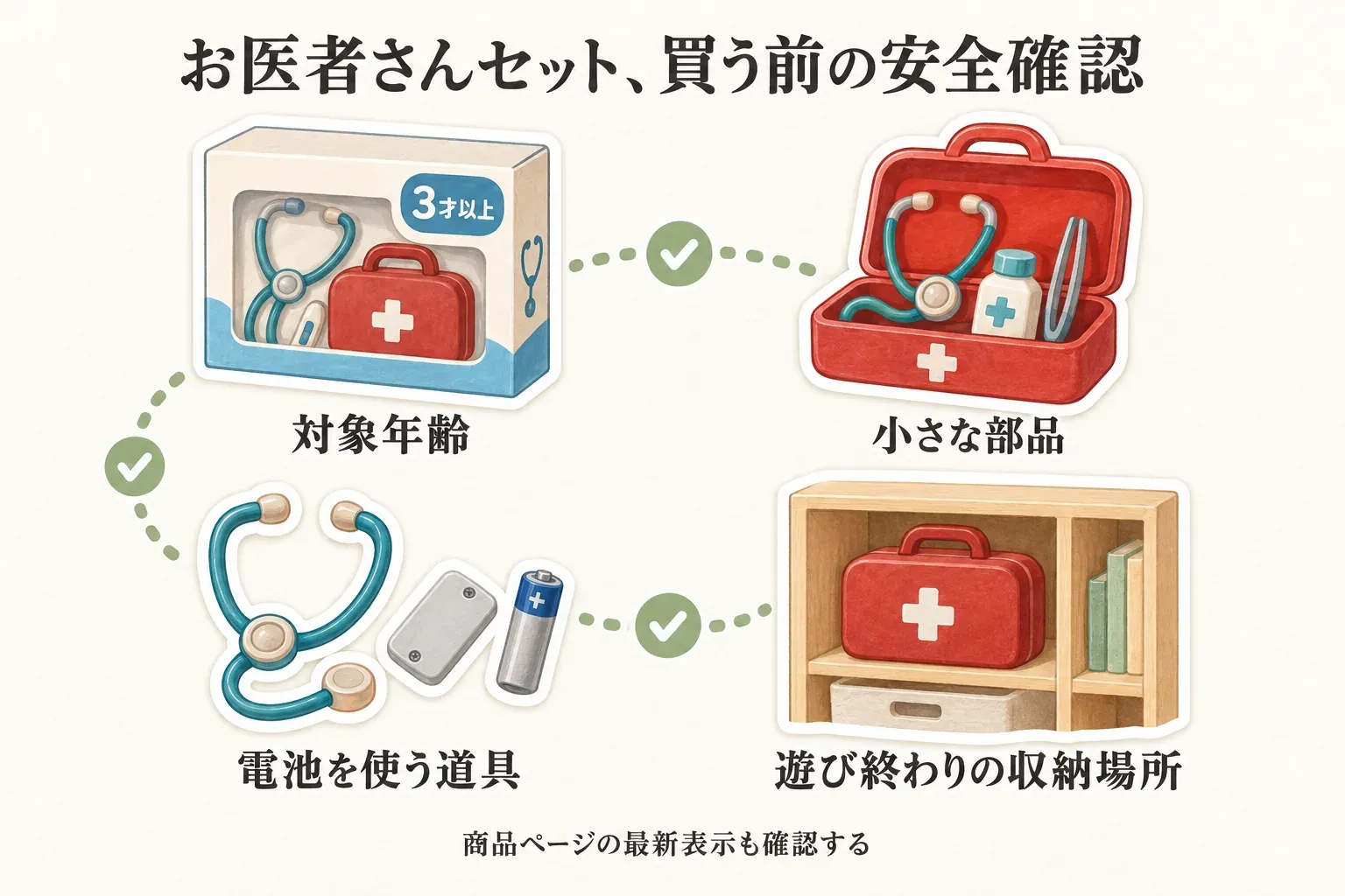 お医者さんセットを買う前の安全確認を示した図。対象年齢、小さな部品、電池を使う道具、遊び終わりの収納場所を順に確認し、商品ページの最新表示も確かめるよう案内している。出典：本文の安全確認項目と日本玩具協会のSTマーク案内